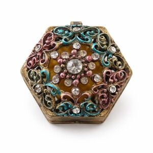 Vintage Hexagonal Filigree Trinket Box Gold Enamel Rhinestone Pill/Jewel Case